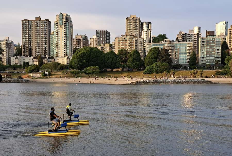 Vancouver: Water Bike Rental in False Creek - Comfort and Tech: Life Jacket, Waterproof Phone Lanyard, and the Seat Reality